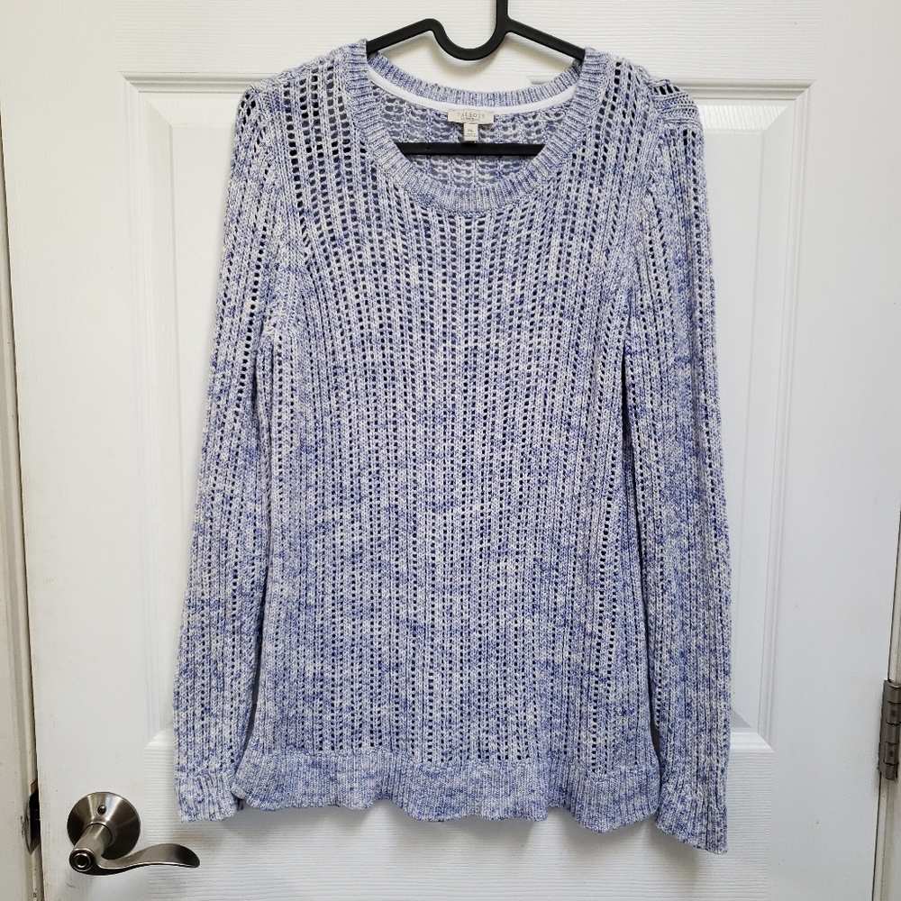 Talbots Blue Open Stitch Space Dyed Cotton Pullover Crew Neck Sweater